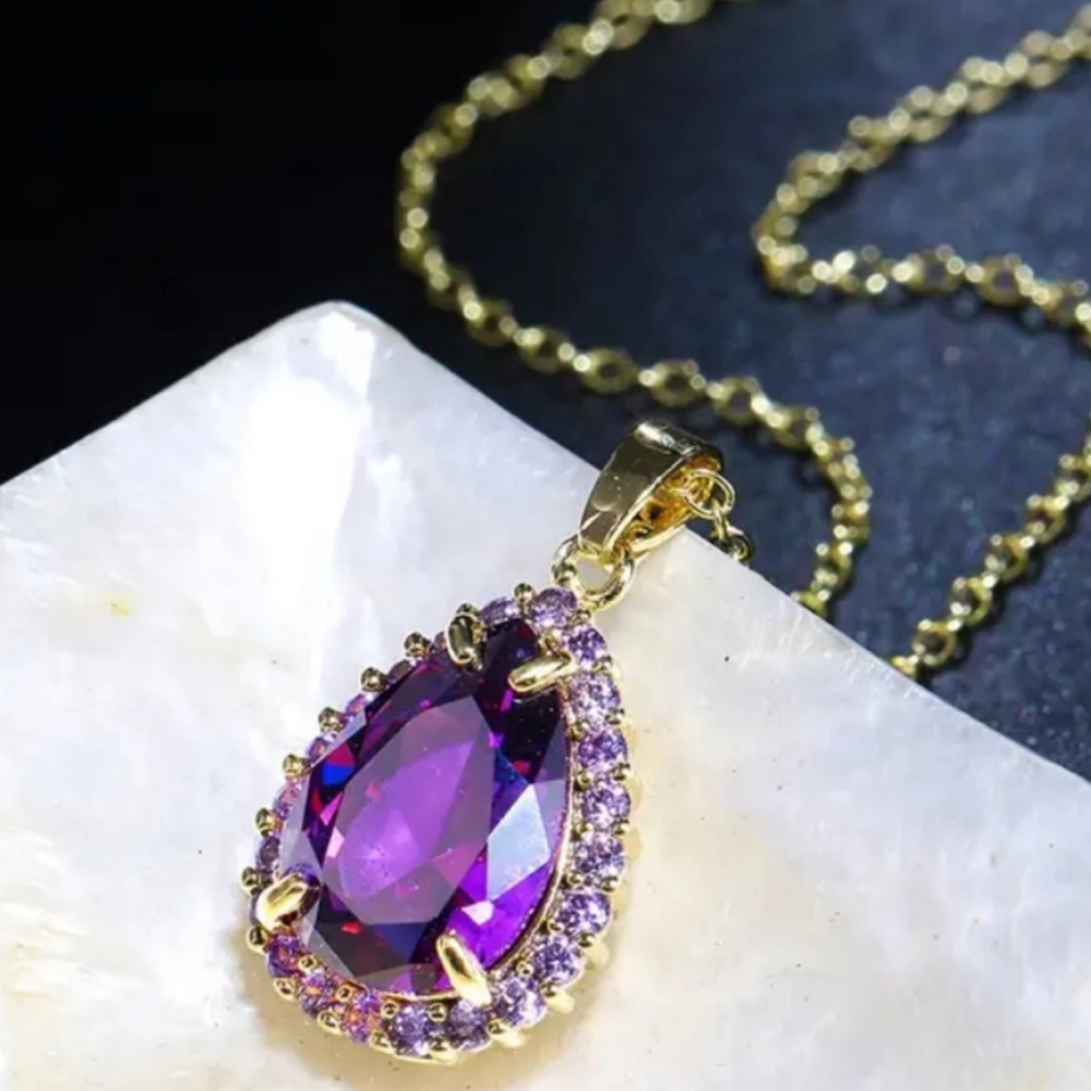Teardrop Simulated Amethyst Pendant Necklace - New